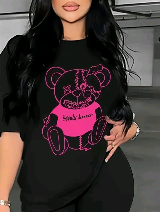 Camiseta De Cuello Redondo Con Estampado De osita rosa Camiseta De Manga Corta Casual Para Primavera Y Verano, Ropa De Mujer