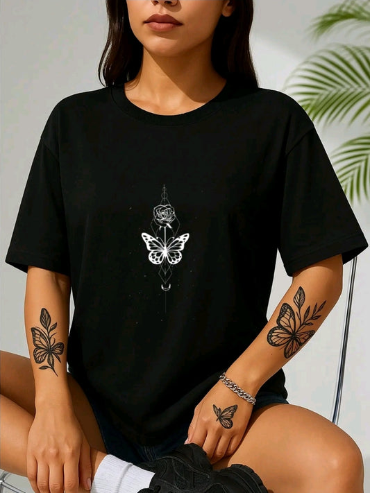 Camisetas De Mujer Manga Corta con estampado De Dibujo Mariposa flor,cuello redondo Casual Negre Plaveras De Mujer con estampado de dibujos animados