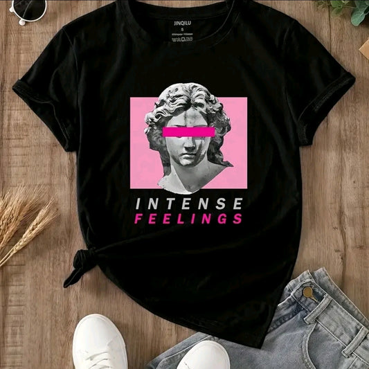 Camiseta De Cuello Redondo Con Estampado Deintense feelings Camiseta De Manga Corta Casual Para ◦ Primavera Y Verano, Ropa De Mujer