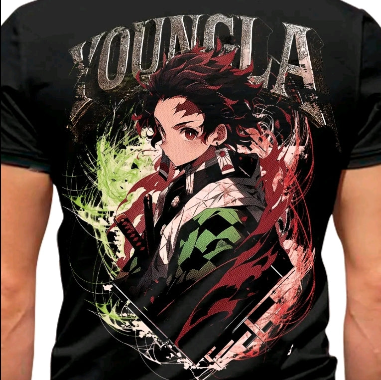 Camiseta con estampado de YOUNGLA ANIMES CAZADOR DE DEMONIOS-camiseta negra-100% Algodón