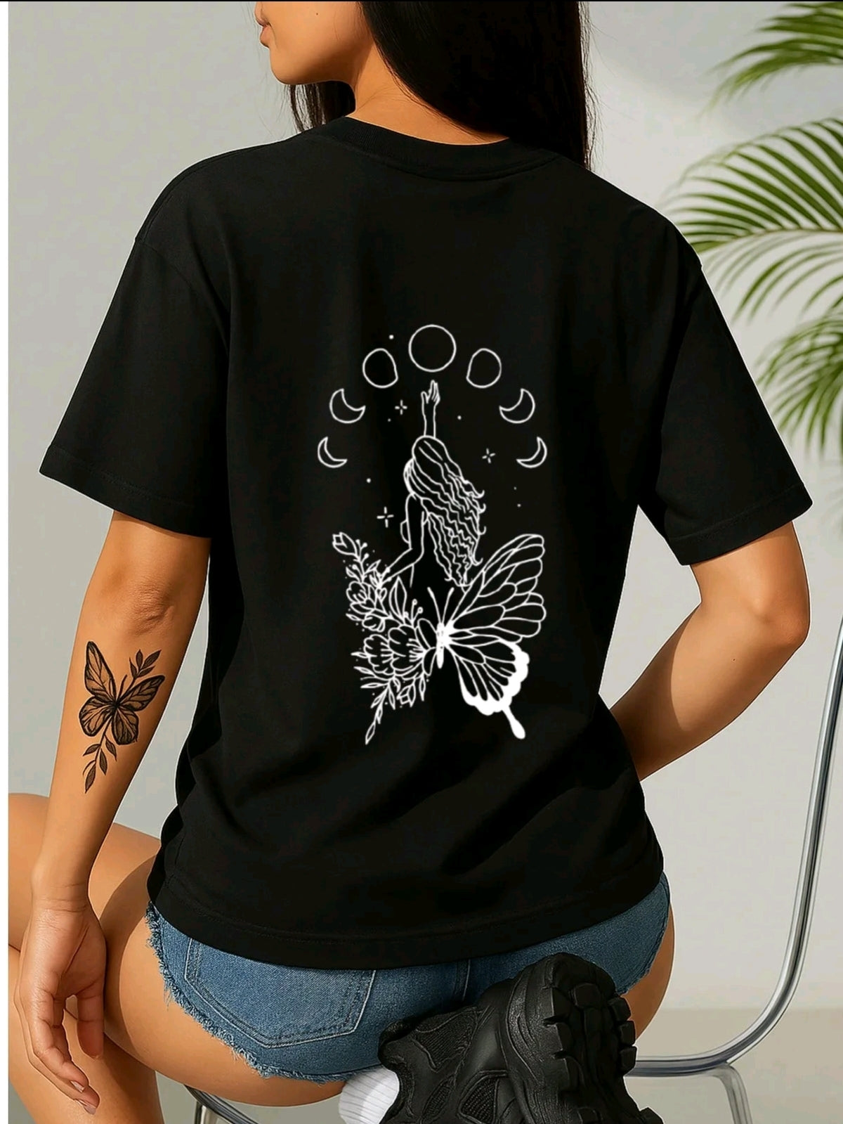 Camiseta casual negra para mujer con Mariposa y lunas- Punto suave, cuello redondo, manga corta pars primavera y verano, lavable en máquina, ropa informal