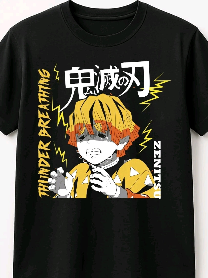 Playera Unisex Negra Zenitsu l Camiseta holgada Estampada de anime, Ropa Urbana Streetwea, 100% Algodón, Manga Corta