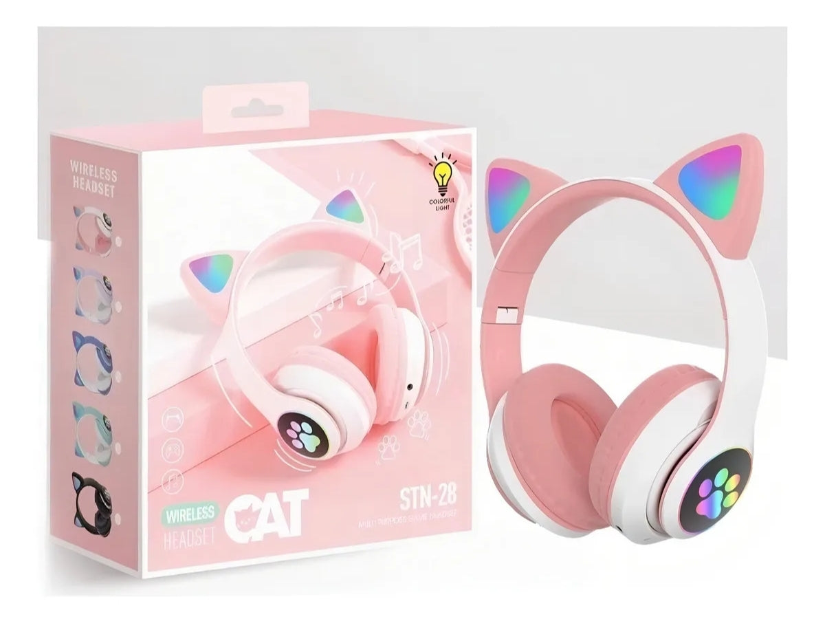 Audifono Inalámbrico Bluetooth Led Auriculares De Diadema Gamer Stn28 Color Rosa