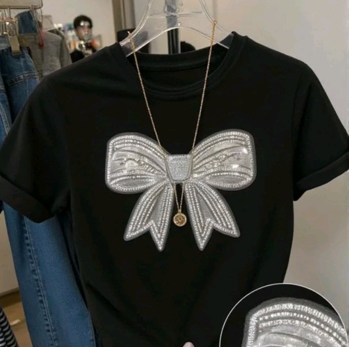 Camiseta De Cuello Redondo Con Estampado De moño gris Camiseta De Manga Corta Casual Para Primavera Y Verano, Ropa De Mujer