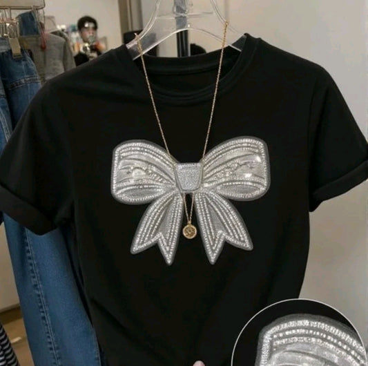 Camiseta De Cuello Redondo Con Estampado De moño gris Camiseta De Manga Corta Casual Para Primavera Y Verano, Ropa De Mujer