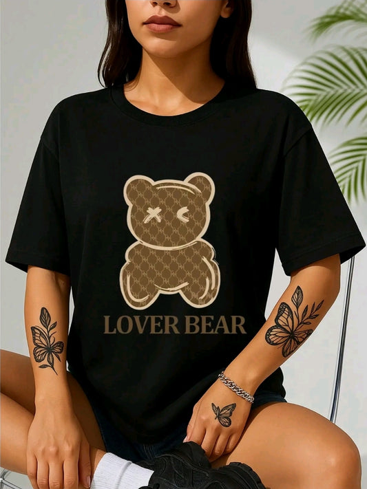 Camisetas De Mujer Manga Corta con estampado De Dibujo oso love ,cuello redondo Casual Negra Plaveras De Mujer con estampado de dibujos animados