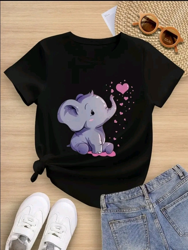 Camiseta De Cuello Redondo Con Estampado De elefantito corazon, Camiseta De Manga Corta Casua Para Primavera Y Verano, Ropa De Mujet