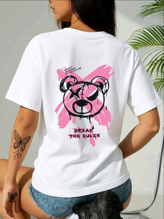 Camiseta casual negra para mujer con diseño osos rules- Punto suave, cuello redondo, manga corta para primavera y verano, lavable en máquina, ropa informal
