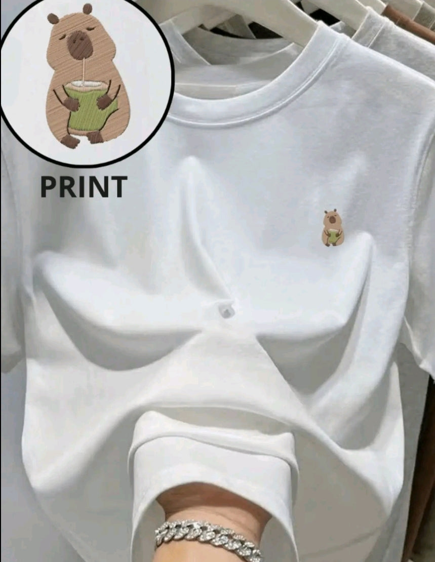 Camiseta Casual para Mujer con Estampado de capibara pequeñio - Mezcla de Poliéster Suave, Cuello Redondo, Manga Corta, Tejido de Punto Semi-Transparente, Lavable a Máquina, Camiseta para Uso Diaric I Top de Cuello Redondo l Material Semi-Transparen
