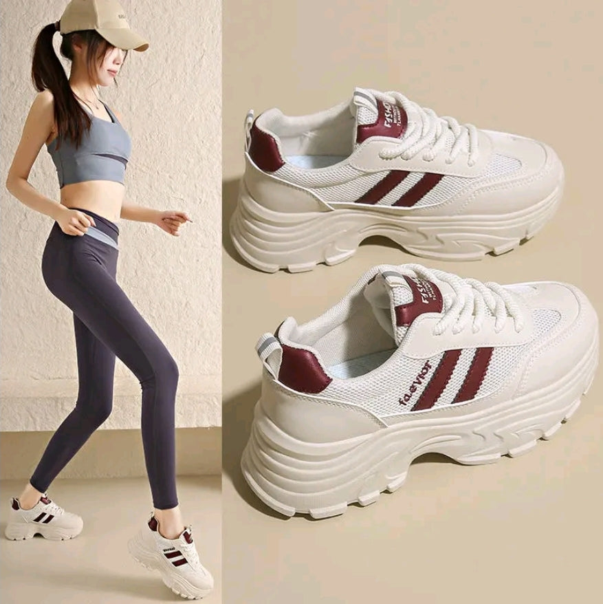 Zapatos de mujer. Zapatillas deportivas informales con cuña y suela gruesa para mujer, cómodas Y sencillas, con cordones punta redonda y malla transpirable. Zapatillas de running ideales para senderismo, montañismo, senderismo y viajes