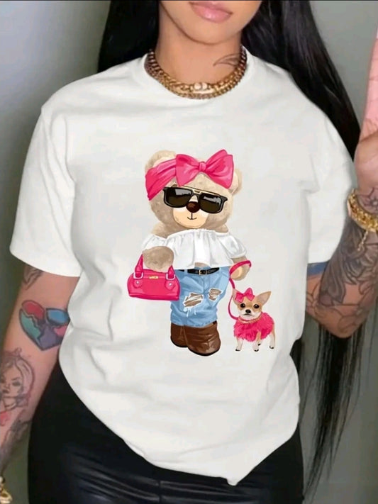 Camiseta de cuello redondo con estampado de osito con lentes, top casual de manga corta con hombros caídos, ropa de mujer