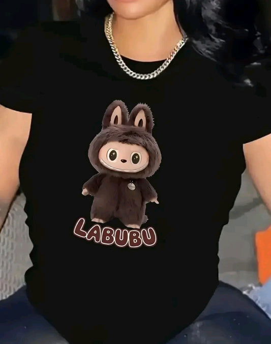 Camiseta De Cuello Redondo Con Estampado De Labubu cafe , Camiseta De Manga Corta Casual Para Primavera Y Verano, Ropa De Mujer