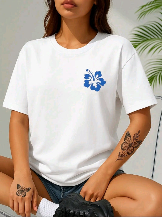 Camiseta casual negra para mujer con diseño de flor azul - Punto suave, cuello redondo manga corta para prmavera y verano, lavable en máquina ropa informal