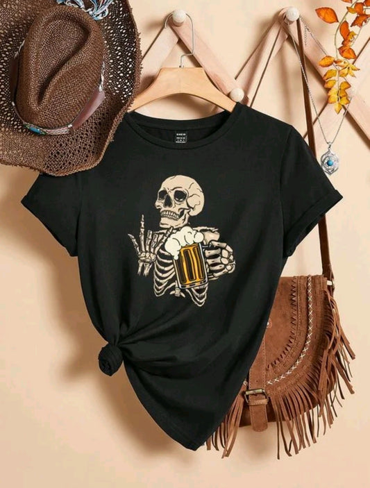 Camiseta De Cuello Redondo Con Estampado De chela calaca Camiseta De Manga Corta Casual Para Primavera Y Verano, Ropa De Mujer