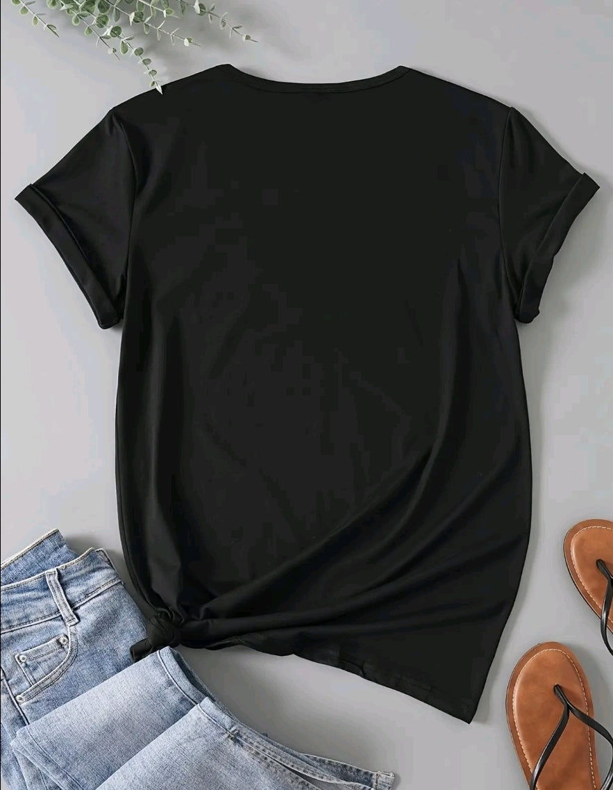 amiseta gráfica de mariposa casual para mujer - Manga corta, cuello redondo, negro con diseño de letras Corazones, tejido de poliéster suave, perfecta para primavera V verano, ropa casual
