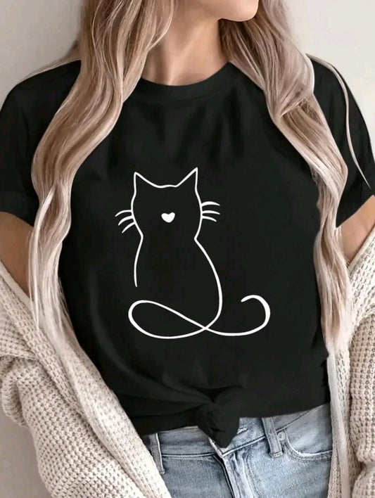 Playera para mujer con estampado de Gato silueta cuello redondo de poliéster, manga corta, patrón de alfabeto, camiseta casual de verano para usar en casa