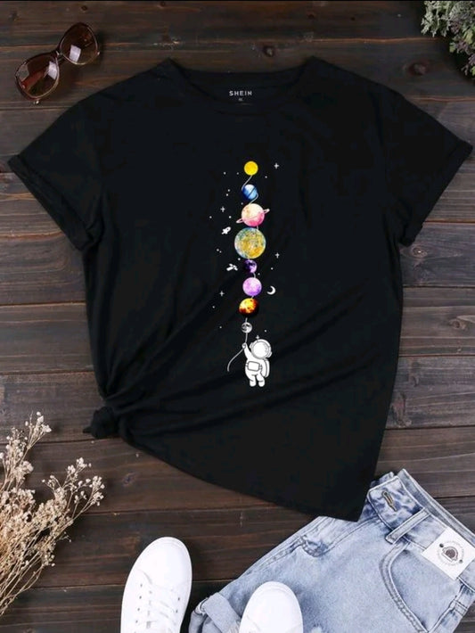 Camiseta De Cuello Redondo Con Estampado De astronauta planetas Camiseta De Manga Corta Casual Para Primavera Y Verano, Ropa De Mujer