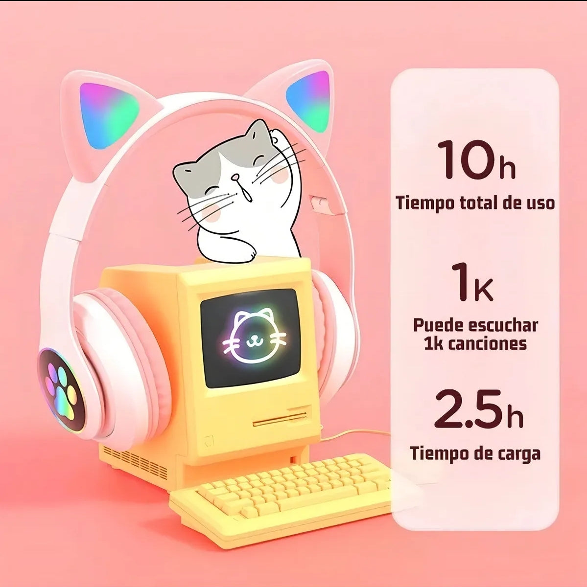 Audifono Inalámbrico Bluetooth Led Auriculares De Diadema Gamer Stn28 Color Rosa