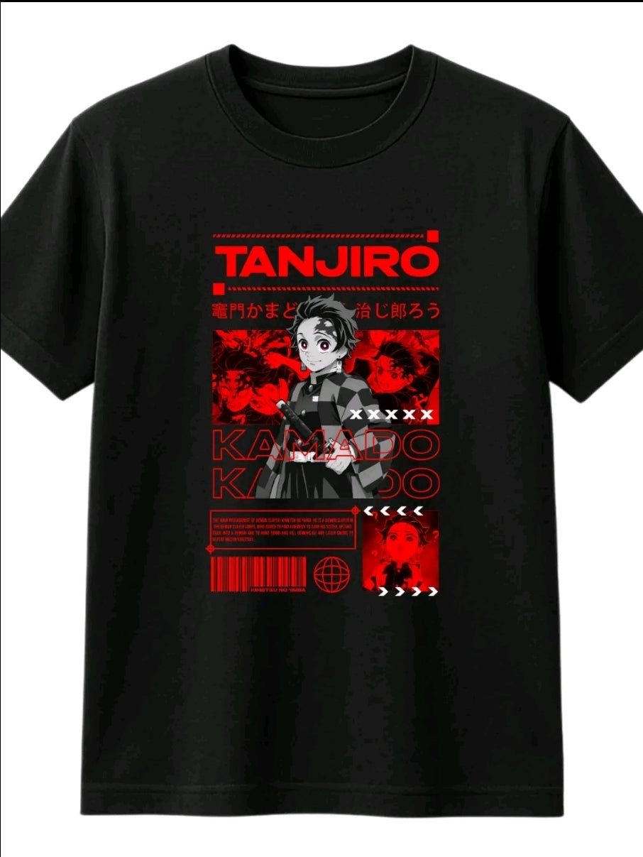 Playera Unisex Negra Tanjiro Kamado | Camiseta holgada Estampada de anime, Ropa Urbana Streetwear 100% Algodón, Manga Corta (Rabbit Man)