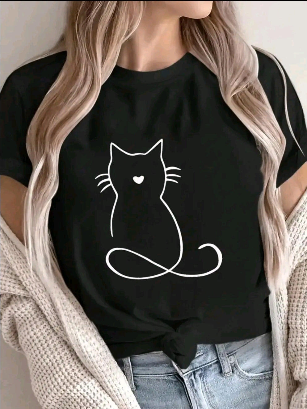 Plavera para mujer con estampado de Gato silueta cuello redondo de poliéster, manga corta, patrón de alfabeto, camiseta casual de verano para usar en casa