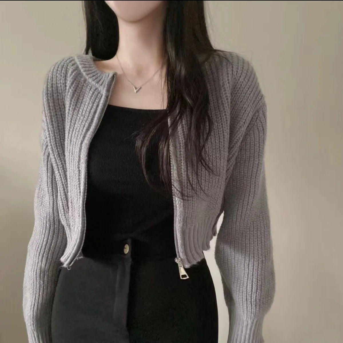 (🌍 PRODUCTO INTERNACIONAL) suéter Mujer Cierre Corto Cuell. Redondo Tejido Sólido