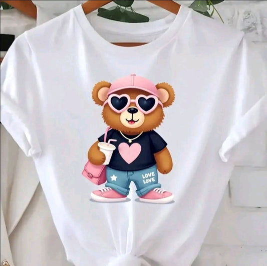 Camiseta casual de poliéster para mujer con estampado de oso rosa - Ccuello redondo, ajuste regular manga corta, ligera elasticidad, tejido de punto - Top de estilo de dibujos animados lindo para todas las estaciones