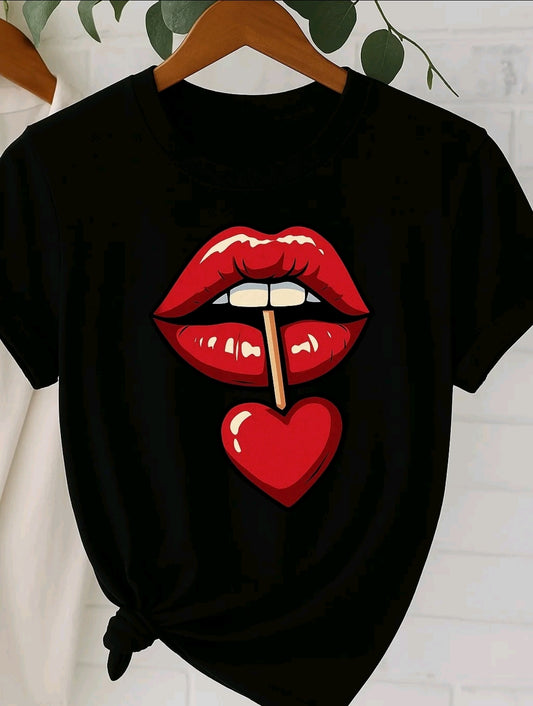 Camiseta De Cuello Redondo Con Estampado De labios paleta corazon Camiseta De Manga Corta Casua Para Primavera Y Verano, Ropa De Mujer