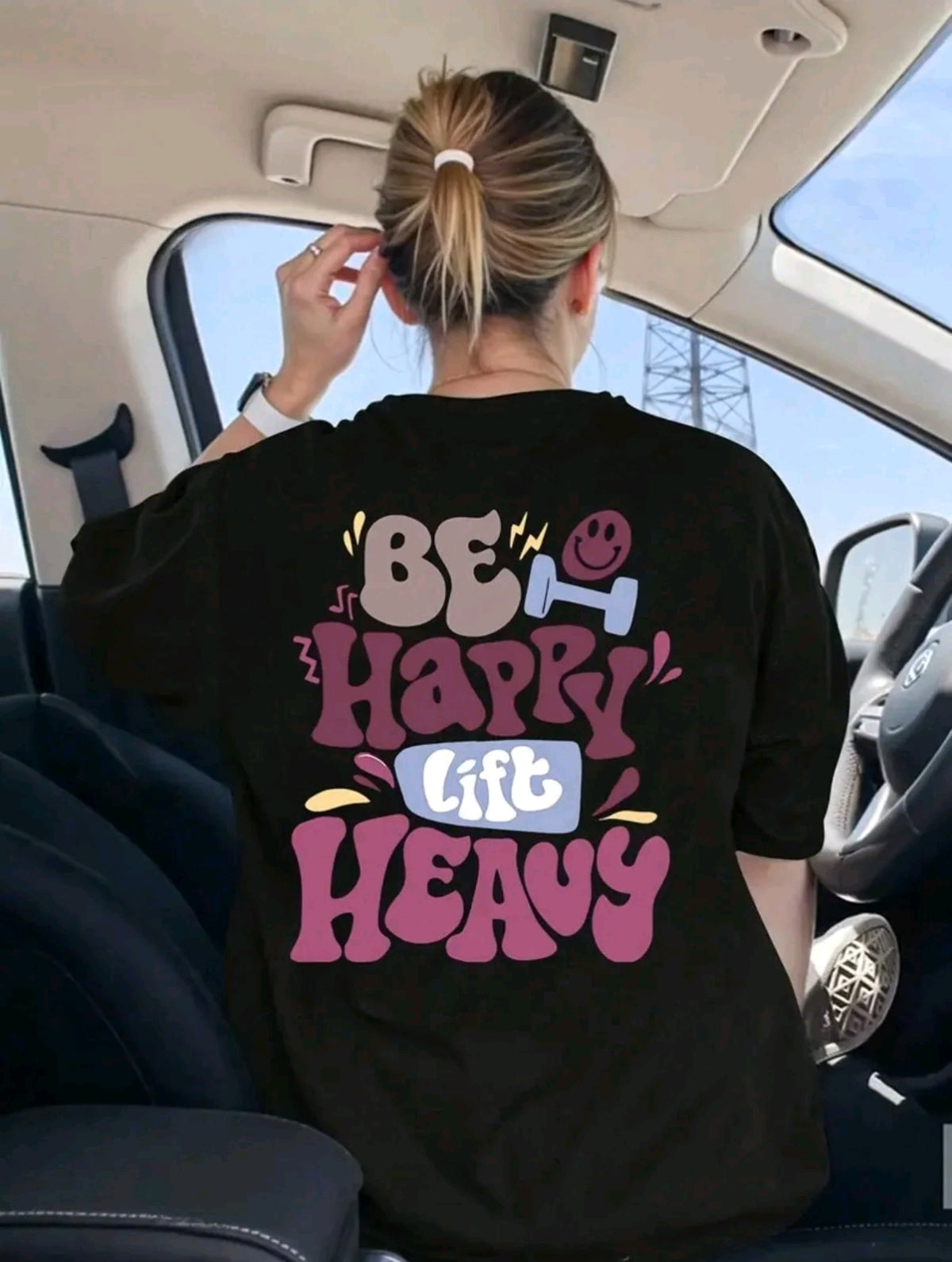 Camiseta Motivacional de Fitess para Mujer - "BE HAPPY LIFT HEAVY" con Diseño Gráfico, Caras Alegres y Pesas, Tejdo Transpirable de Elasticidad Media, Ropa Casual de Verano para Gimnasic