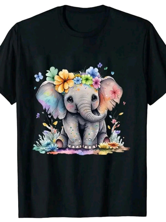 Camiseta De Cuello Redondo Con Estampado De elefante con flores, Camiseta De Manga Corta Casua Para Primavera Y Verano, Ropa De Mujet