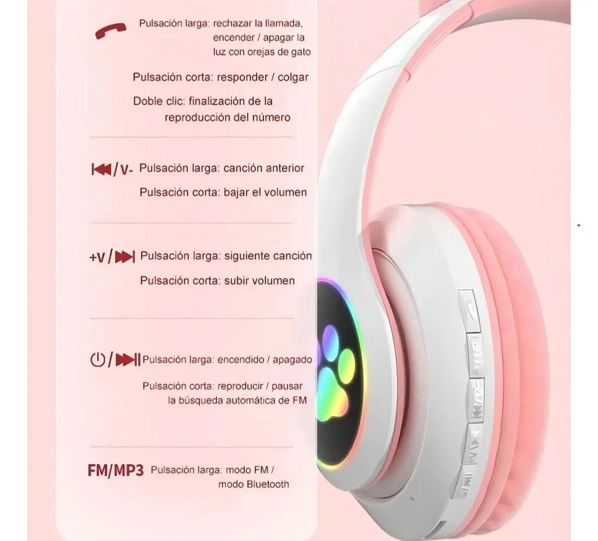 Audifono Inalámbrico Bluetooth Led Auriculares De Diadema Gamer Stn28 Color Rosa