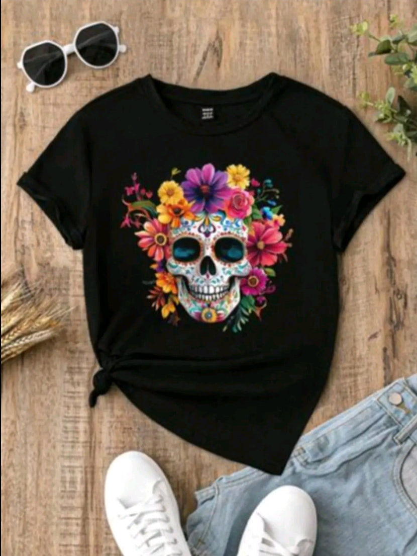 Camiseta de verano para mujer con gráfico de Calavera, informal, de cuello redondo y manga corta