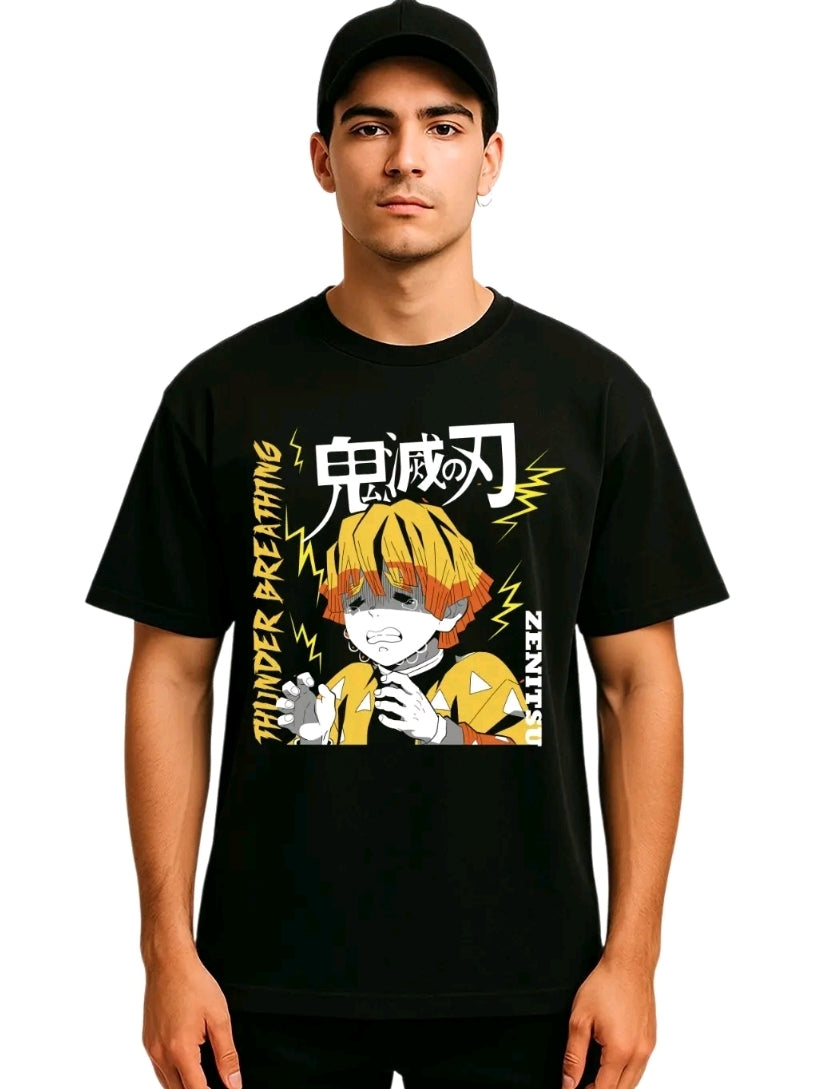 Playera Unisex Negra Zenitsu l Camiseta holgada Estampada de anime, Ropa Urbana Streetwea, 100% Algodón, Manga Corta