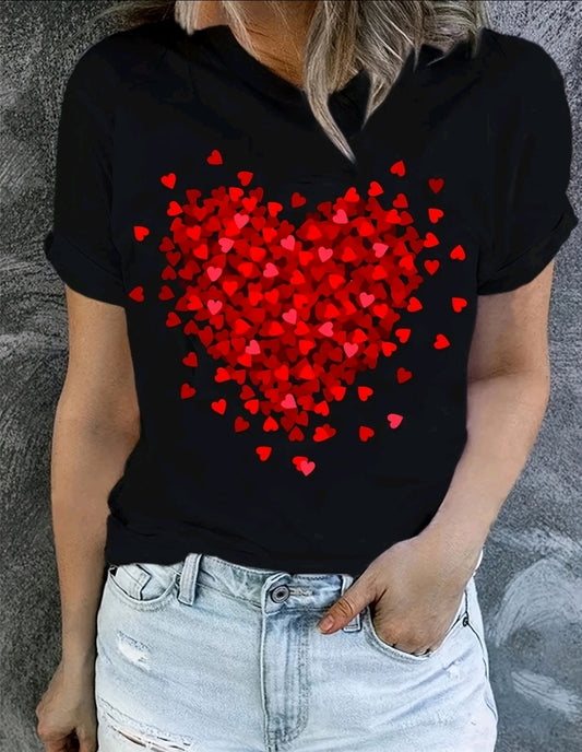 Camiseta Estampada De Corazón, Manga Corta, Cuello Redondo, Top Casual Para Verano Y Pimavera Ropa De Mujer