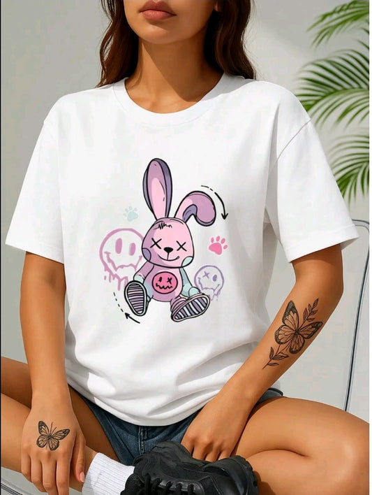 Camiseta casual negra para mujer con diseño de rabbit - Punto suave, cuello redondo, manga corta para primavera y verano, lavable en máquina, ropa informal