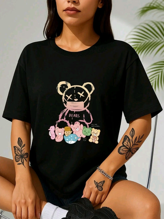 Estampado Camisetas De Mujer Manga Corta De Dibujo Conejo moños ,cuello redondo Casual Negra Plaveras De Mujer con estampado de dibujos animados
