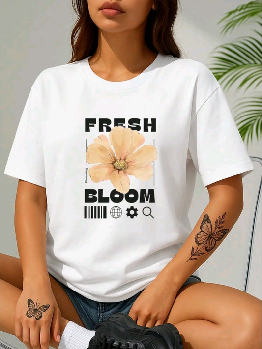Camiseta casual negra para mujer con diseño de Flor naranja - Punto suave, cuello redondo. manga corta para prmavera y verano, lavable en máquina opa informal