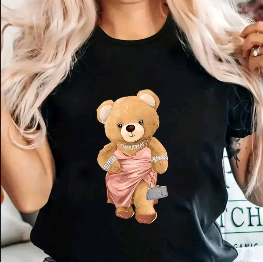 Playera Estampada De Oso De Caricatura, Cuello Redondo Casual De Manga Corta Para Primavera Y verano, Ropa De Mujer