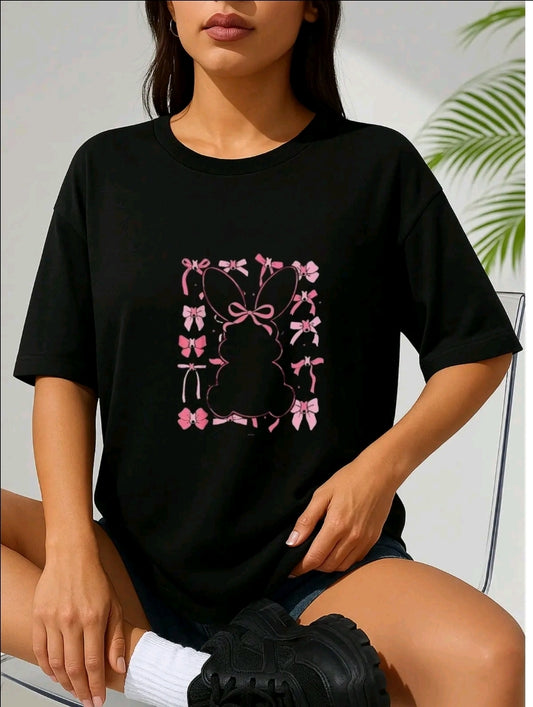Estampado Camisetas De Mujer Manga Corta De Dibujo Conejo moños ,cuello redondo Casual Negra Plaveras De Mujer con estampado de dibujos animados