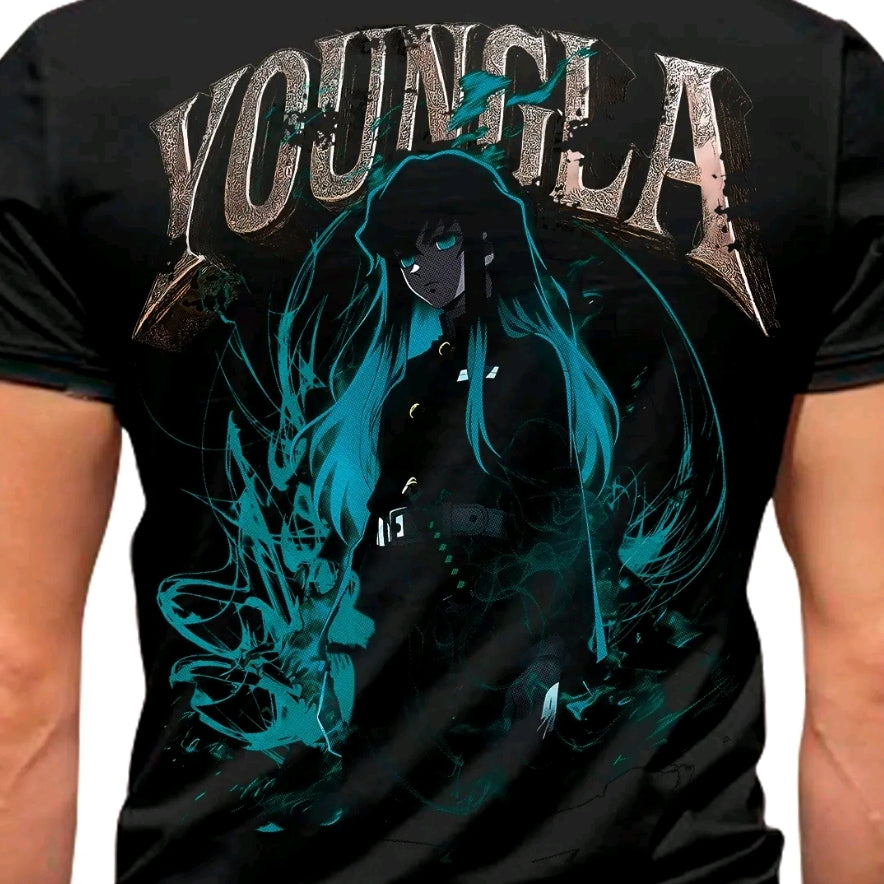 Camiseta con estampado de YOUNGLA ANIMES CAZADOR DE DEMONIOS-camiseta negra-100% Algodón