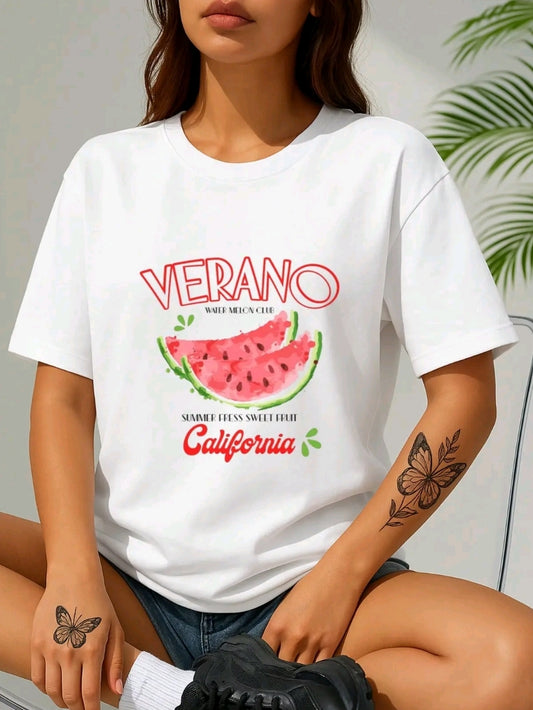 Camiseta casual negra para mujer con diseño de Verano Sandia - Punto suave, cuello redondo, manga corta para primavera y verano, lavable en máquina, ropa informal