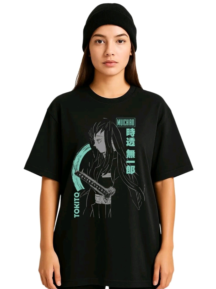 Playera Unisex Negra Muichiro Tokitol Camiseta holgada Estampada de anime, Ropa Urbana Streetwear, 100% Algodón, Manga Corta (Rabbit Man)