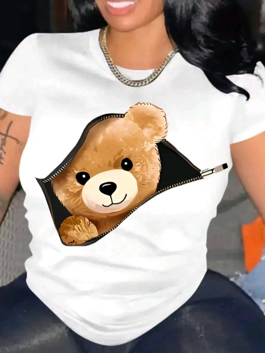 Camiseta estampada de Oso cierre, manga corta, cuello redondo, top casual para verano y primavera ropa de mujer