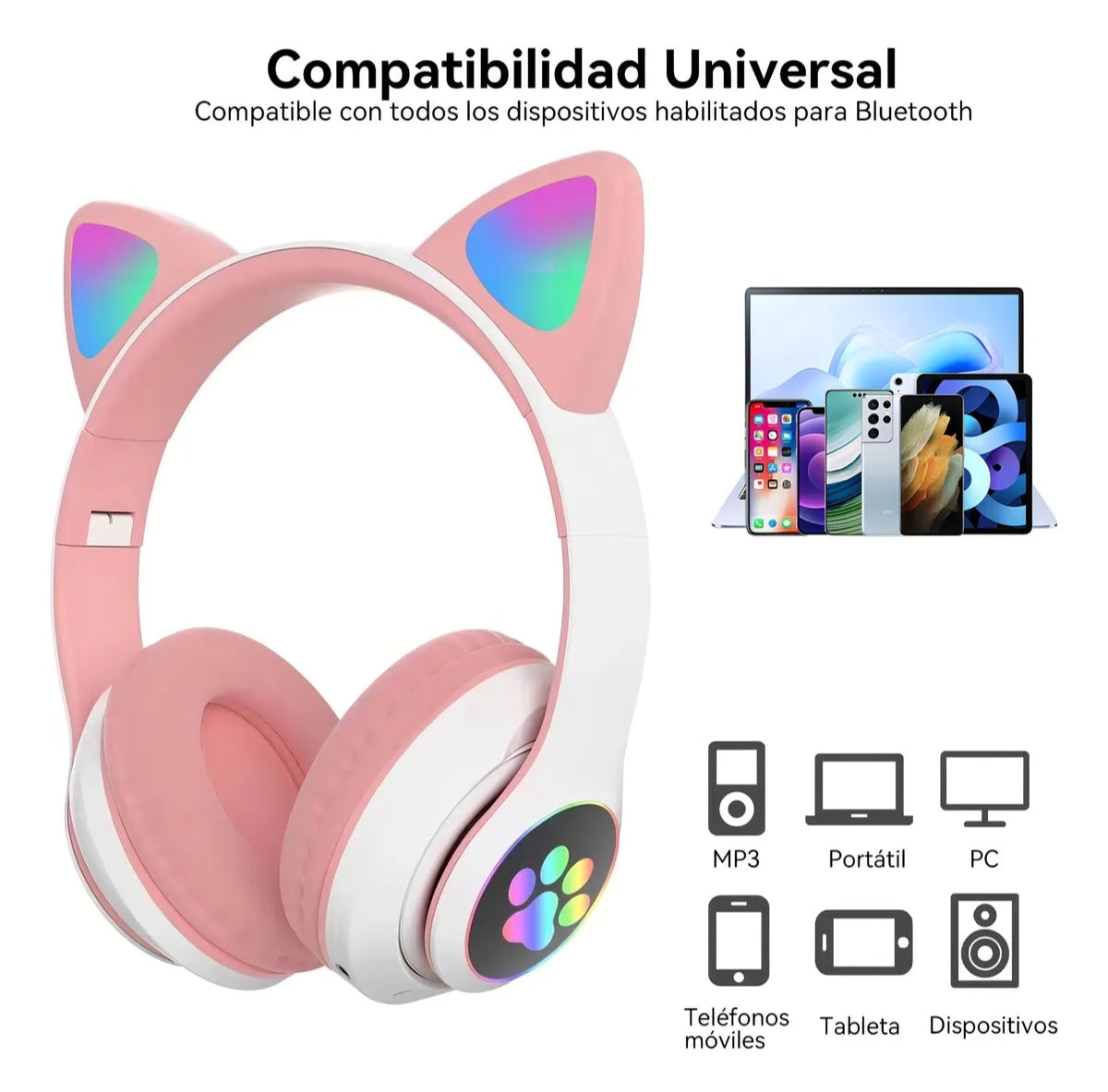 Audifono Inalámbrico Bluetooth Led Auriculares De Diadema Gamer Stn28 Color Rosa
