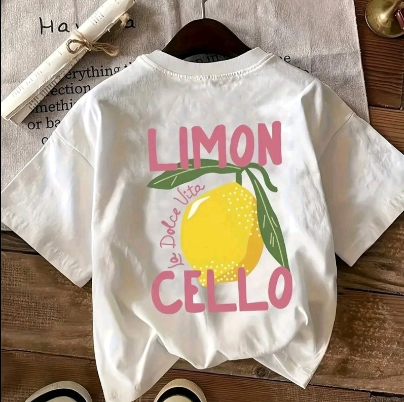 Camiseta Gráfica para Mujer con estampado limoncello - Blanca Cremosa Suave de Manga Cortay Cuello Redondo, Textura Lisa, Perfecta para Primavera v Verano