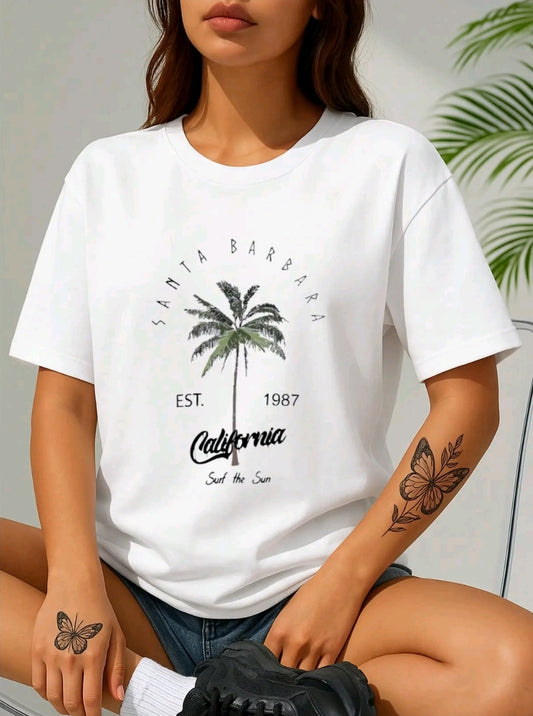 Camiseta casual negra para mujer con diseño de palmera - Punto suave, cuello redondo. manga corta para prmavera y verano, lavable en máquina ropa informal