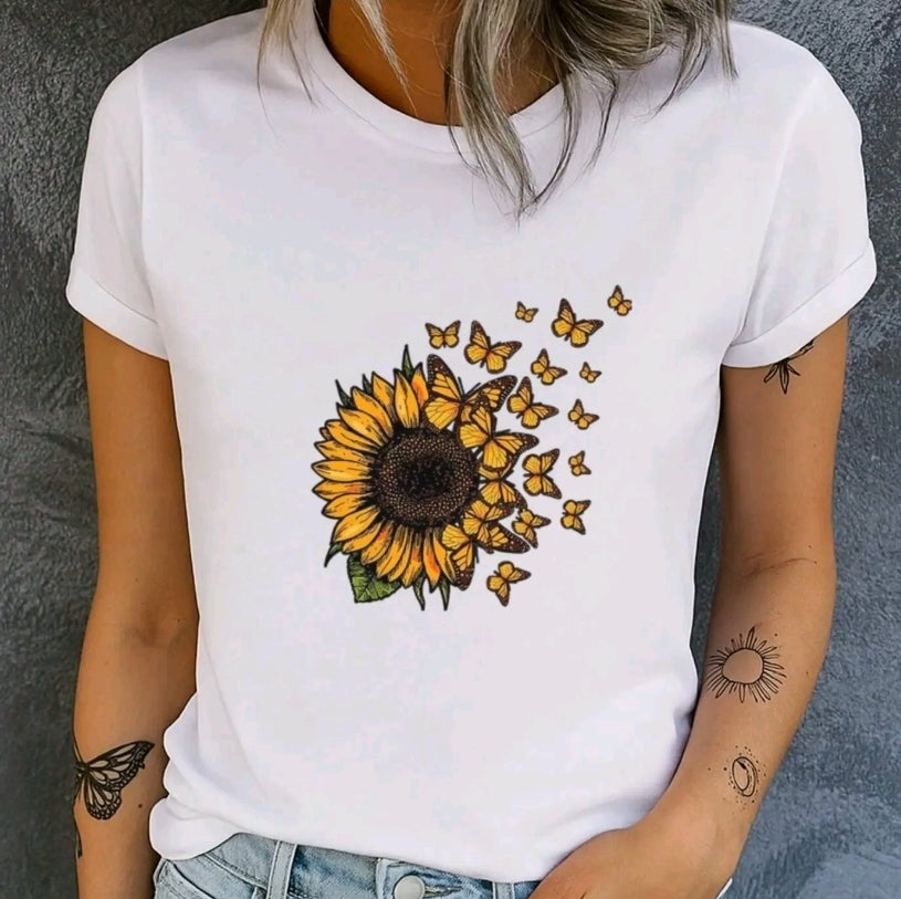 Camiseta estampada con diseño de Girasol , manga corta cuello redondo, top casual para verano primavera, ropa de mujer