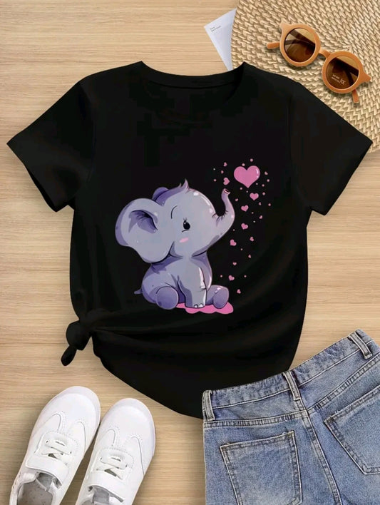 Camiseta De Cuello Redondo Con Estampado De elefantito corazon, Camiseta De Manga Corta Casua Para Primavera Y Verano, Ropa De Mujet