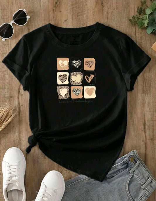 Camiseta De Cuello Redondo Con Estampado de cuadritos con corazones Camiseta De Manga Corta Casual Para primavera Y Verano, Ropa De Mujer