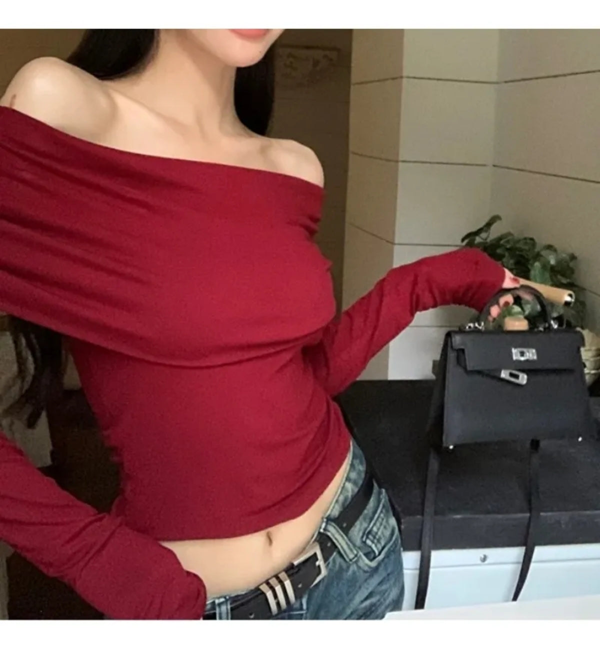 (🌍 PRODUCTO INTERNACIONAL) Crop Top Mujer Sexy Hombros Descubiertos Manga Larga