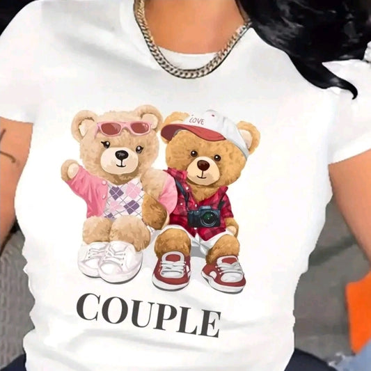 Playera de manga corta con estampado de osito de peluche, top casual cuello redondo para primavera v verano, ropa de mujer